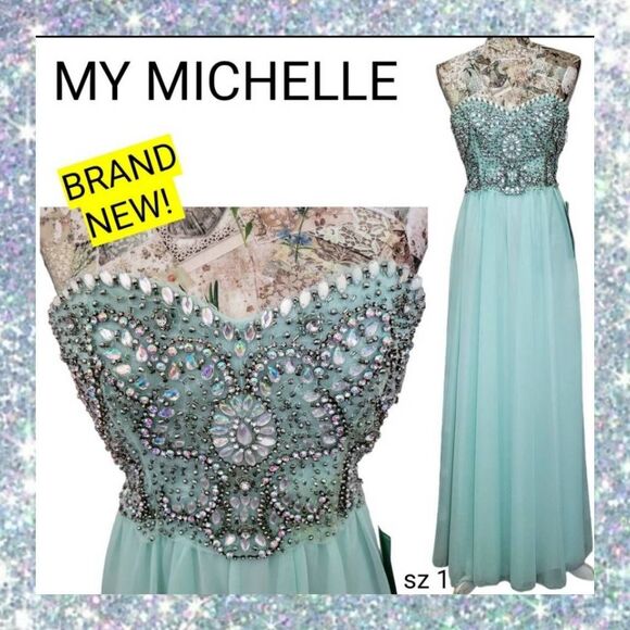 Formal Rhinestone Strapless Sparkle Blue Flowy Gown Long Maxi Dress BRAND NEW! - Picture 2 of 16